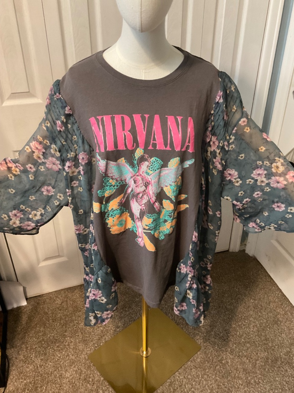 Nirvana In Utero Upcycled Graphic T-Shirt with Flowy Floral Sheer Sleeves - OSFM
